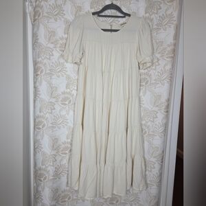 Listicle Boho Tiered Short Sleeve Cream Praire Midi Dress MEDIUM Cottagecore EUC